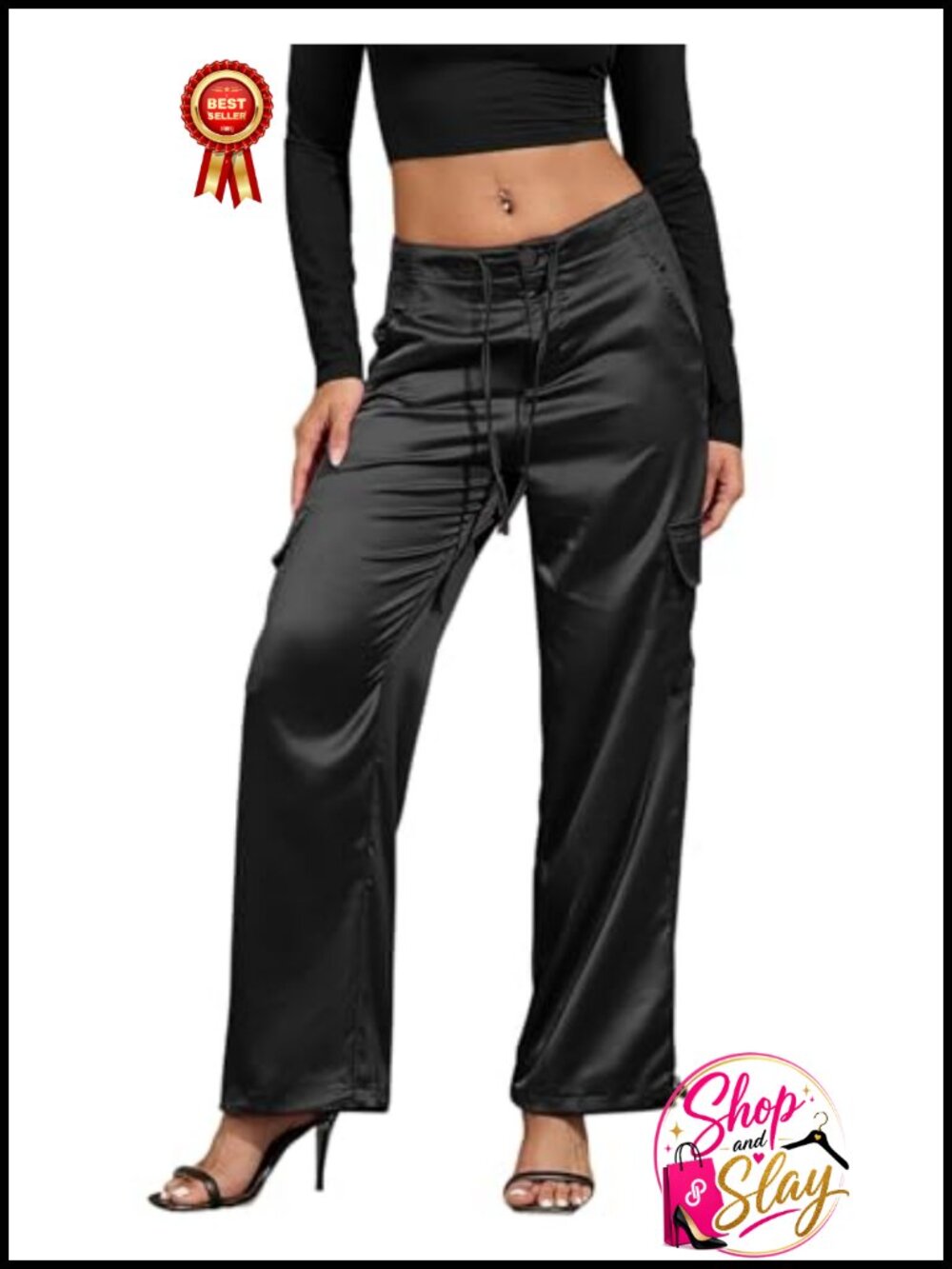 Satin Wide Leg Cargo Pants Low Rise Drawstring Joggers